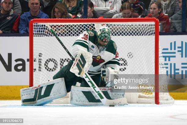 Marc-Andre Fleury of the Minnesota Wild makes a save during the third period against the Columbus Blue Jackets at Nationwide Arena on January 06,...