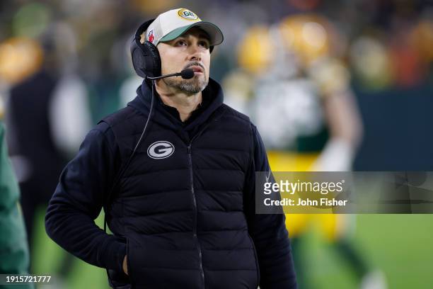Head coach Matt LaFleur of the Green Bay Packers looks on during the third quarter in the game against the Chicago Bears at Lambeau Field on January...