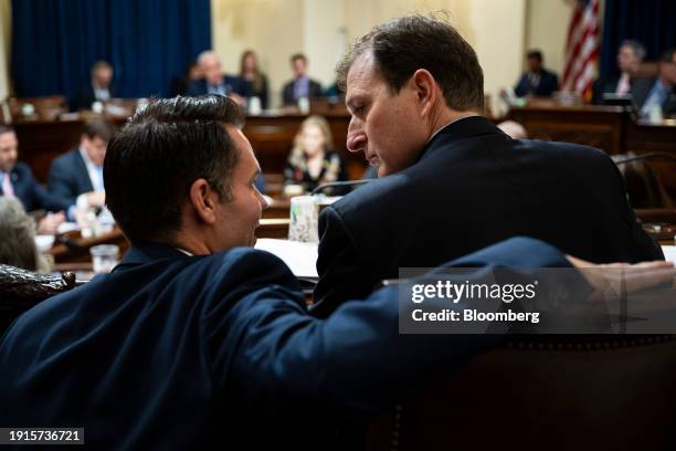 Representative Dan Goldman, a Democrat from New York, right, speaks with an aide during a House Homeland Security Committee hearing in Washington,...