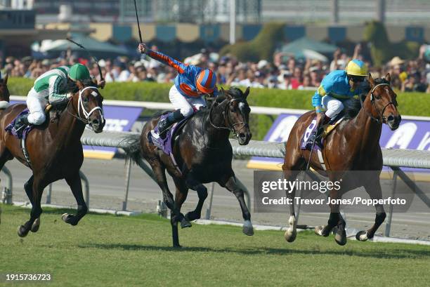 Panamanian Jockey Alex Solis riding Johar and Irish Jockey Mick Kinane riding High Chaparral finishing joint first in a dead heat in the Breeders'...