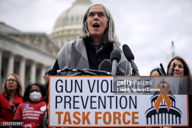 Representative Katherine Clark speaks during a press conference on preventing gun violence outside of the U.S. Capitol building on January 10, 2024...