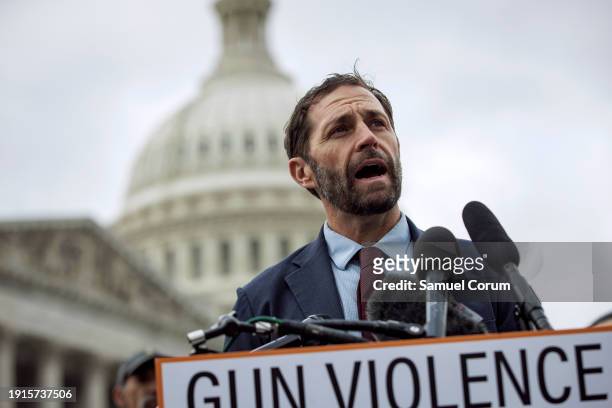 Representative Jason Crow speaks during a press conference on preventing gun violence outside of the U.S. Capitol building on January 10, 2024 in...