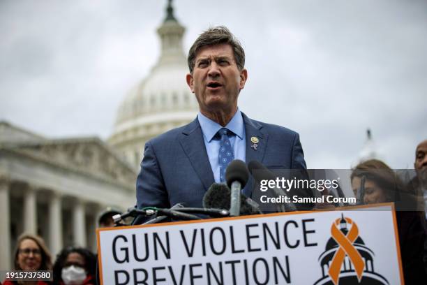 Representative Brad Schneider speaks during a press conference on preventing gun violence outside of the U.S. Capitol building on January 10, 2024 in...