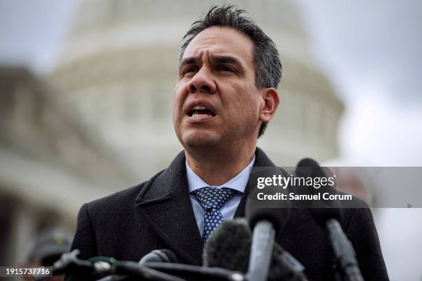 Representative Pete Aguilar speaks during a press conference on preventing gun violence outside of the U.S. Capitol building on January 10, 2024 in...
