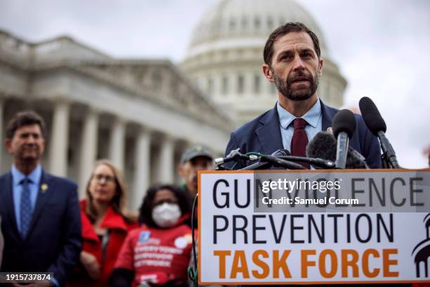 Representative Jason Crow speaks during a press conference on preventing gun violence outside of the U.S. Capitol building on January 10, 2024 in...