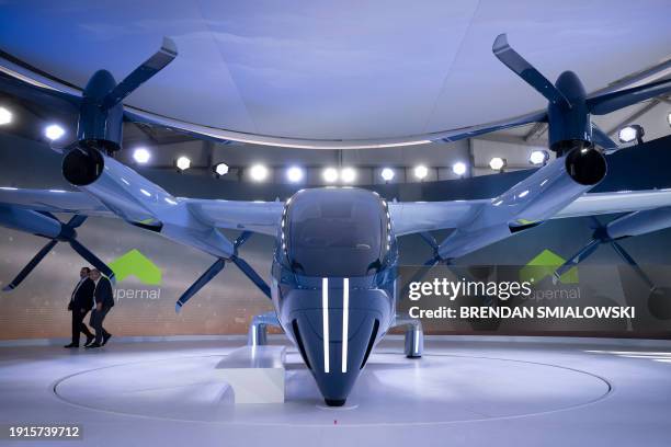 Vertical takeoff electronic aircraft from Supernal is seen outside the Las Vegas Convention Center during the Consumer Electronics Show in Las Vegas,...