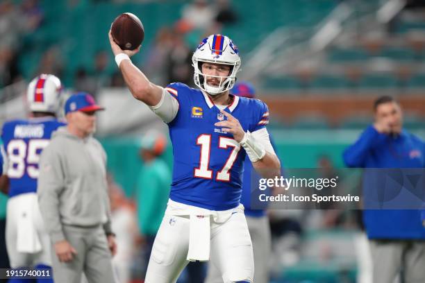 Buffalo Bills quarterback Josh Allen warms up before the game between the Buffalo Bills and the Miami Dolphins on Sunday, January 7, 2024 at Hard...