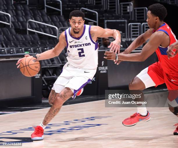 Jeremy Lamb of the Stockton Kings drives to the basket during the game against the Ontario Clippers on January 10, 2024 at Crypto.com Arena in Los...