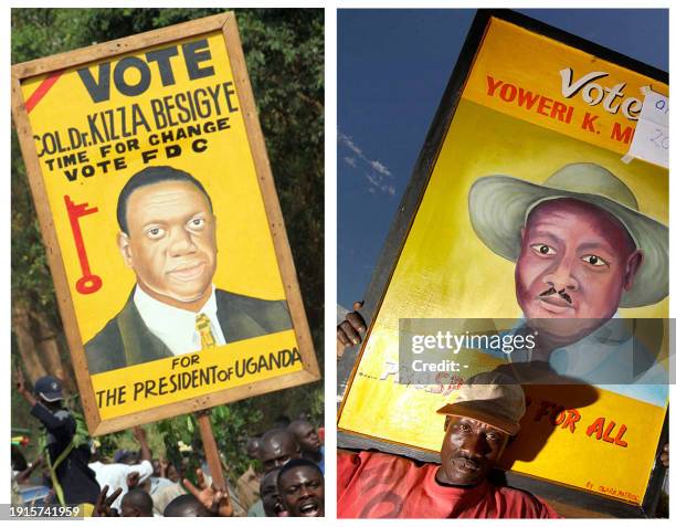 File combo of photos shows placards sporting portraits of opposition leader Kizza Besigye and Ugandan President Yoweri Museveni during supporter...