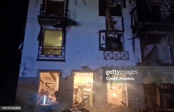 Screen grab from a video shows the burnt and damaged hotel where AA war correspondents stayed after the bombing as Russia-Ukraine war continue in...