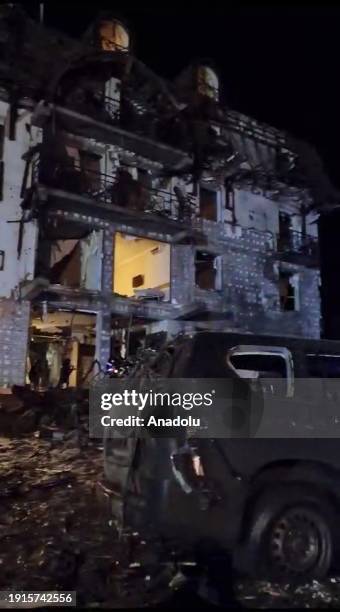 Screen grab from a video shows the burnt and damaged hotel where AA war correspondents stayed after the bombing as Russia-Ukraine war continue in...