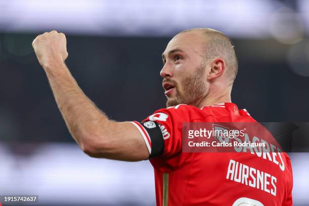 Fredrik Aursnes of SL Benfica celebrates scoring SL Benfica third goal during the match between SL Benfica and SC Braga for the Allianz Cup -...