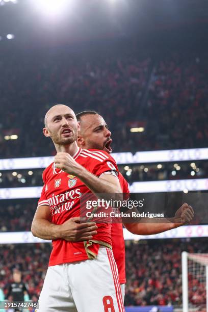 Fredrik Aursnes of SL Benfica celebrates scoring SL Benfica third goal with Arthur Cabral of SL Benfica during the match between SL Benfica and SC...