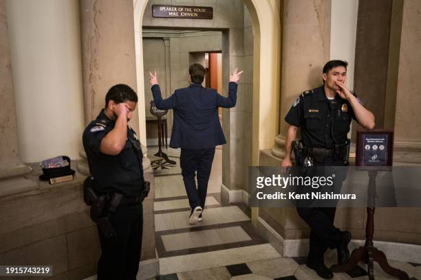 Rep. Matt Gaetz gestures as he answers a reporters question if he regrets ousting former Speaker of the House Kevin McCarthy , replying "Never," as...