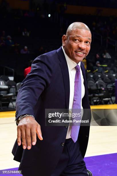 Reporter Doc Rivers smiles before the game between the Memphis Grizzlies and the Los Angeles Lakers on January 5, 2024 at Crypto.Com Arena in Los...