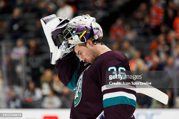 Anaheim Ducks goaltender John Gibson during an NHL hockey game against the Edmonton Oilers on December 31, 2023 at Honda Center in Anaheim, CA.