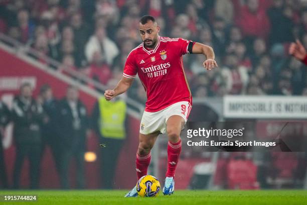 Arthur Cabral of Benfica controls the ball during Portuguese Cup match between SL Benfica and SC Braga at Estadio da Luz on January 10, 2024 in...