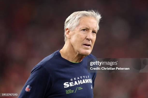 Seattle Seahawks head coach Pete Carroll looks on from the sideline during the third quarter against the Arizona Cardinals at State Farm Stadium on...