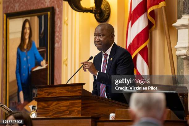 Speaker of the House Don Scott talks during the first day of the legislative session at the Virginia State Capitol building on Wednesday, Jan. 10 in...