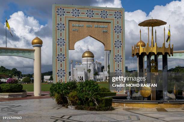 Sultan Omar Ali Saifuddien Mosque is pictured from a monument with a small garden built to commemorate the changing of the city name from Brunei Town...
