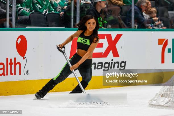 The Dallas Stars Ice Girls clear the ice during the game between the Dallas Stars and the Minnesota Wild on January 10, 2024 at American Airlines...