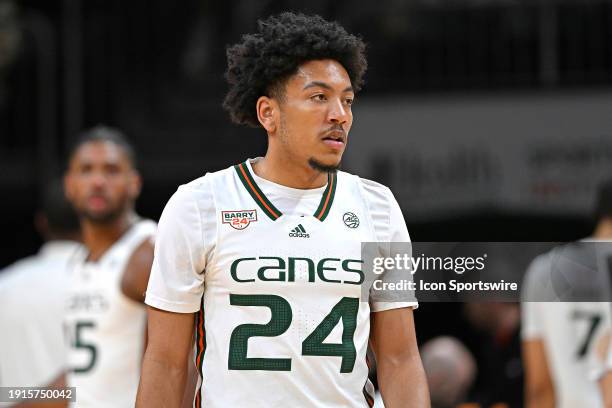 Miami guard Nijel Pack waits for play to resume after a timeout in the first half as the Miami Hurricanes faced the Louisville Cardinals on January...