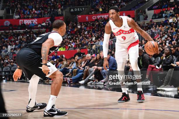 Barrett of the Toronto Raptors dribbles the ball during the game against the LA Clippers on January 10, 2024 at Crypto.Com Arena in Los Angeles,...