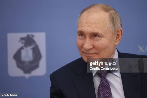 Russian President Vladimir Putin reacts during a meeting with local businessmen on January 11, 2024 in Khabarovsk, Russia. Putin is on a trip to...