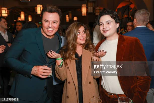 Seth MacFarlane, Giorgia Whigham and Max Burkholder at the premiere of "Ted" held at The Grove on January 10, 2024 in Los Angeles, California.