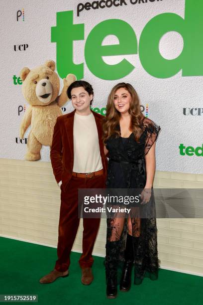 Max Burkholder and Giorgia Whigham at the premiere of "Ted" held at The Grove on January 10, 2024 in Los Angeles, California.