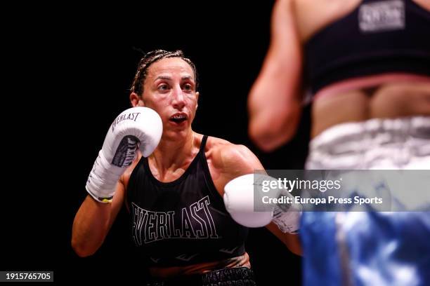 Jennifer "Tormenta" Miranda in action against Lara Altamirano during the WBA Interim Featherweight World Cup fight between Jennifer “Tormenta”...