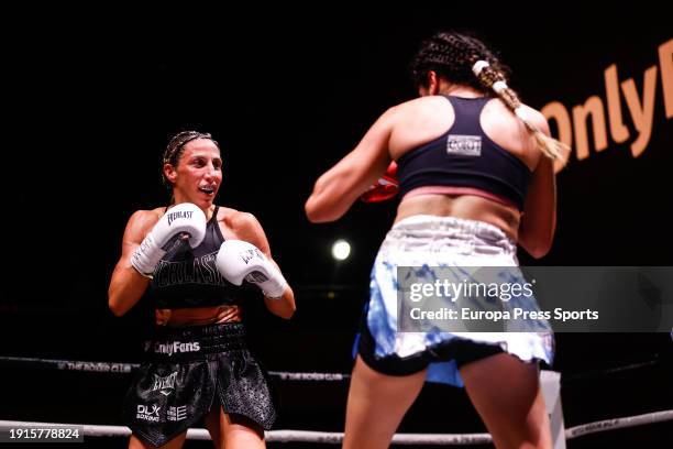 Jennifer "Tormenta" Miranda in action against Lara Altamirano during the WBA Interim Featherweight World Cup fight between Jennifer “Tormenta”...