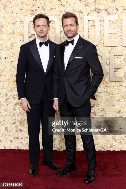 Patrick J. Adams and Gabriel Macht attend the 81st Annual Golden Globe Awards at The Beverly Hilton on January 07, 2024 in Beverly Hills, California.