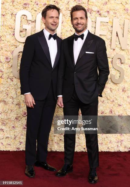 Patrick J. Adams and Gabriel Macht attend the 81st Annual Golden Globe Awards at The Beverly Hilton on January 07, 2024 in Beverly Hills, California.