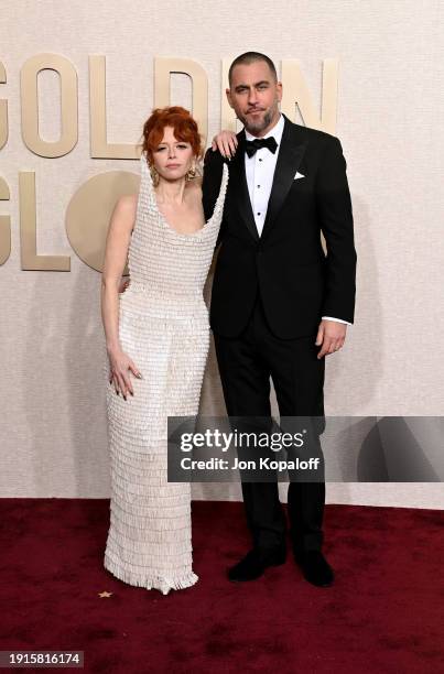 Natasha Lyonne and Bryn Mooser attend the 81st Annual Golden Globe Awards at The Beverly Hilton on January 07, 2024 in Beverly Hills, California.