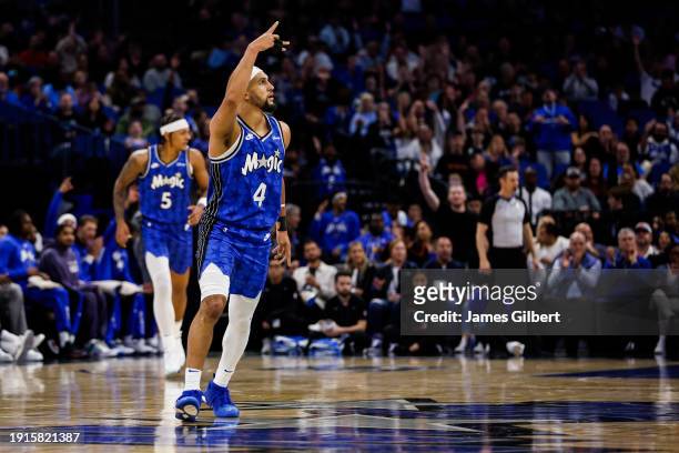 Jalen Suggs of the Orlando Magic celebrates a three point basket during the first half of a game against the Atlanta Hawks at the Kia Center on...