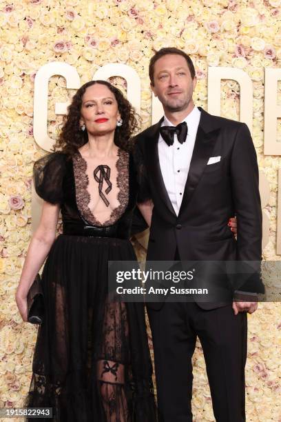 Yelena Yemchuk and Ebon Moss-Bachrach attend the 81st Annual Golden Globe Awards at The Beverly Hilton on January 07, 2024 in Beverly Hills,...