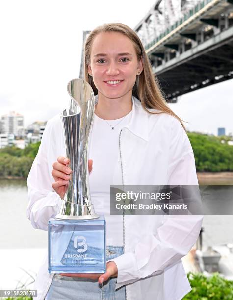 Elena Rybakina poses during a media opportunity after winning 2024 Brisbane International at Howard Smith Wharves on January 08, 2024 in Brisbane,...