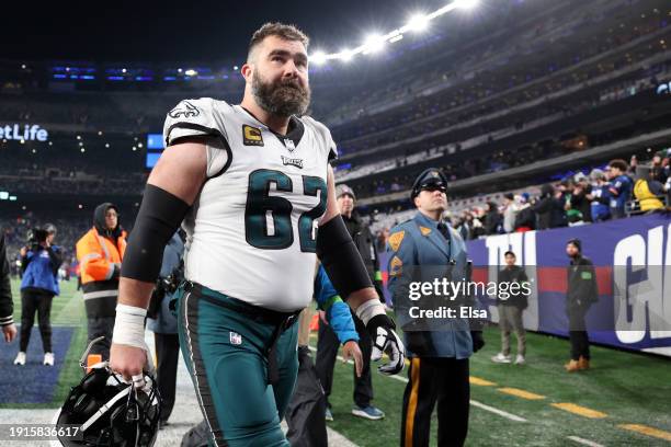 Jason Kelce of the Philadelphia Eagles walks off the field after a loss to the New York Giants at MetLife Stadium on January 07, 2024 in East...