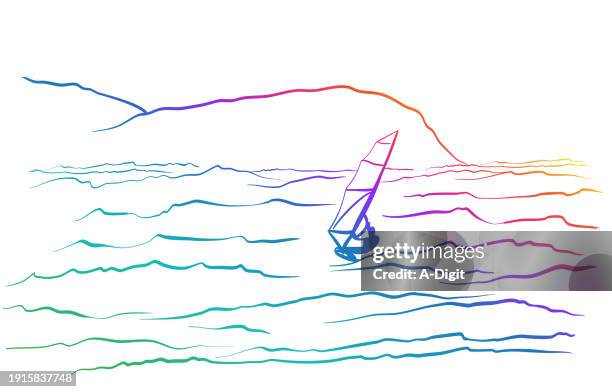 ilustrações, clipart, desenhos animados e ícones de windsurfer no mar rainbow - windsurfe