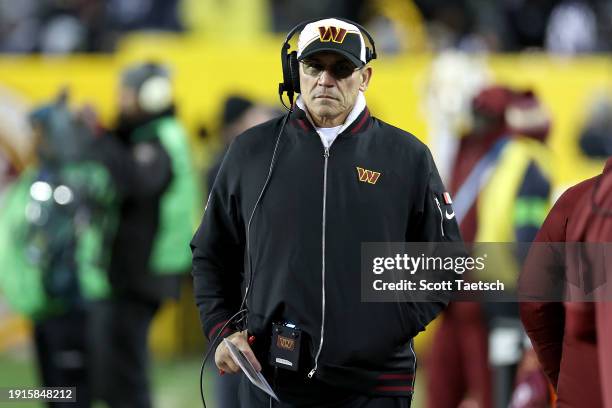 Washington Commanders head coach Ron Rivera looks on during the fourth quarter against the Dallas Cowboys at FedExField on January 07, 2024 in...