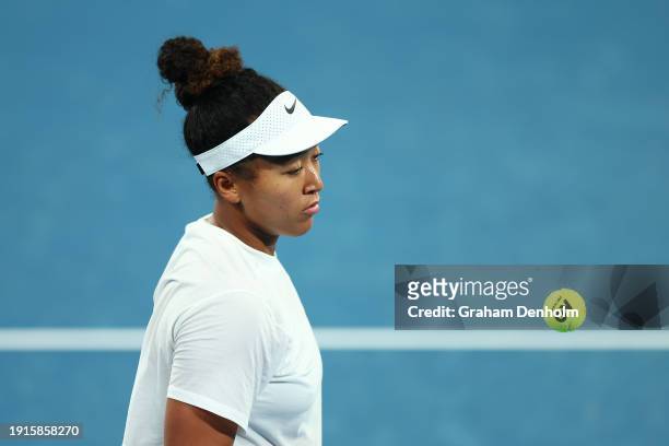 Naomi Osaka of Japan looks on during a training session ahead of the 2024 Australian Open at Melbourne Park on January 08, 2024 in Melbourne,...