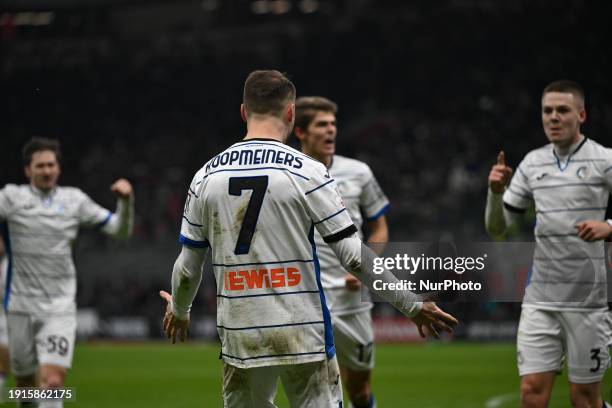 Teun Koopmeiners of Atalanta BC is celebrating after scoring a goal during the Coppa Italia quarterfinals match between AC Milan and Atalanta BC at...