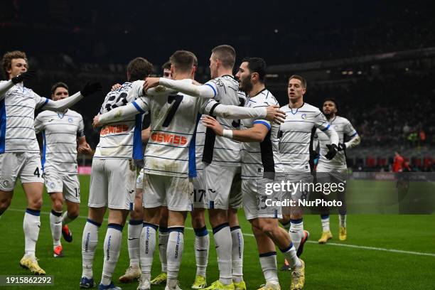 Teun Koopmeiners of Atalanta BC is celebrating after scoring a goal during the Coppa Italia quarterfinals match between AC Milan and Atalanta BC at...