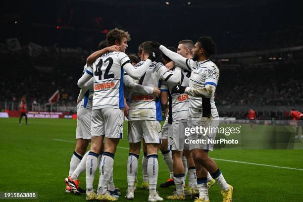 Teun Koopmeiners of Atalanta BC is celebrating after scoring a goal during the Coppa Italia quarterfinals match between AC Milan and Atalanta BC at...