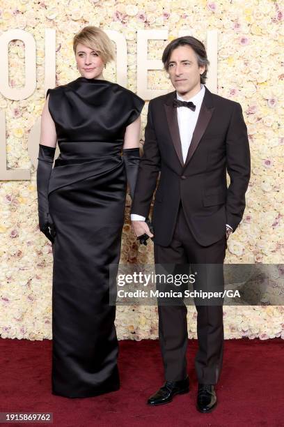 Greta Gerwig and Noah Baumbach attend the 81st Annual Golden Globe Awards at The Beverly Hilton on January 07, 2024 in Beverly Hills, California.