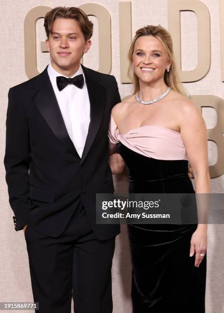 Deacon Phillippe and Reese Witherspoon attend the 81st Annual Golden Globe Awards at The Beverly Hilton on January 07, 2024 in Beverly Hills,...