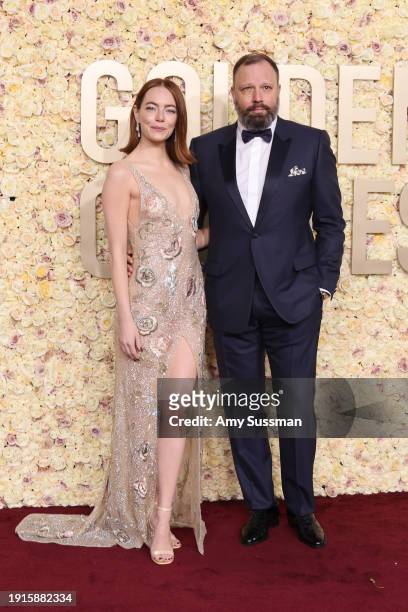 Emma Stone and Yorgos Lanthimos attend the 81st Annual Golden Globe Awards at The Beverly Hilton on January 07, 2024 in Beverly Hills, California.