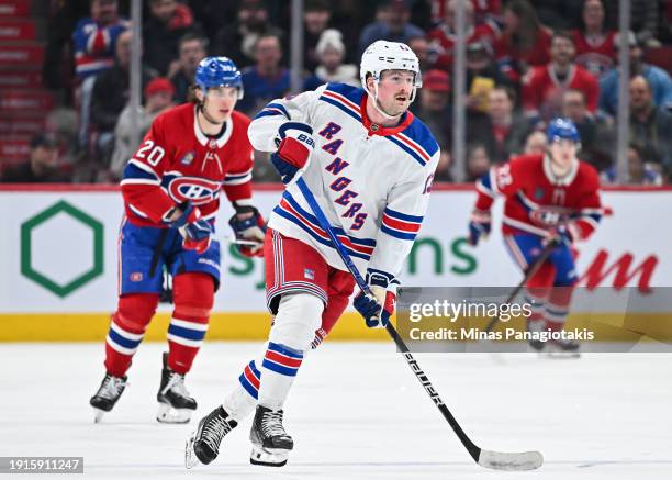 Alexis Lafreniere of the New York Rangers skates during the third period against the Montreal Canadiens at the Bell Centre on January 6, 2024 in...