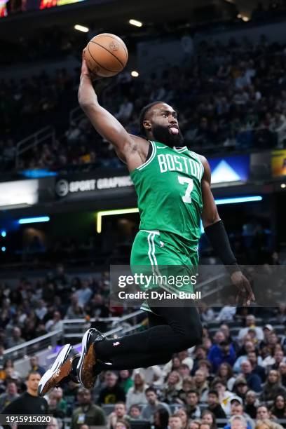 Jaylen Brown of the Boston Celtics dunks the ball in the fourth quarter against the Indiana Pacers at Gainbridge Fieldhouse on January 06, 2024 in...